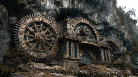 A giant clockwork mechanisms hidden within mountain, steampunk architecture, mysterious moodの素材