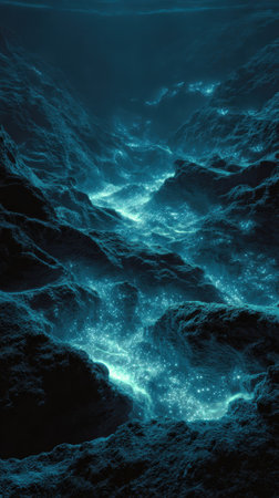 A bioluminescent deep sea trench glowing blue mysterious underwater landscape fantasyの素材