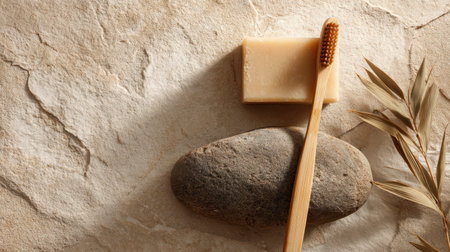 A bamboo toothbrush, natural soap, stone, dried leaf, eco friendly bathroom decorの素材