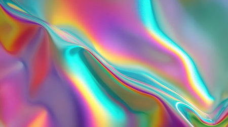A holographic foil texture with iridescent rainbow sheen and smooth, futuristic abstract patternの素材