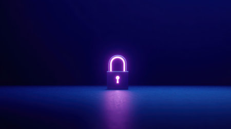 A digital security lock icon glowing in vibrant purple, futuristic, minimal, dark backgroundの素材