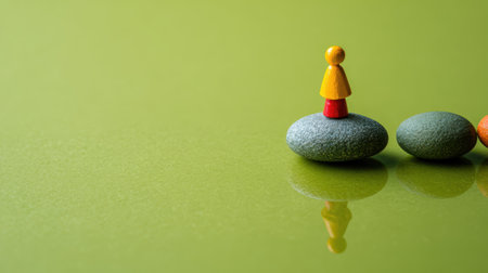 A small toy figure, balance, harmony, green background, smooth stone, reflection, minimal styleの素材