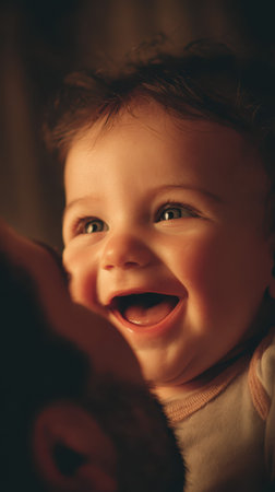 A happy baby laughing with parent, close up, soft light, joyful, warm, family loveの素材