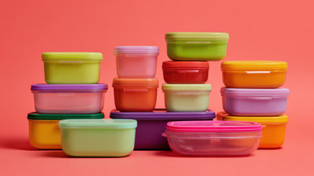 A colorful reusable food container, plastic, kitchen storage, eco friendly, organized, stackableの素材