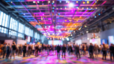 A large event crowd, diverse people, colorful lights, indoor venue, blurred backgroundの素材