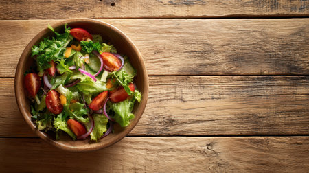 A fresh salad bowl with lettuce, tomato, onion, and pepper on rustic wooden table, healthy mealの素材