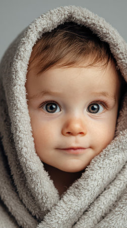 A close up portrait of cute baby wrapped in soft towel, big eyes, gentle expressionの素材
