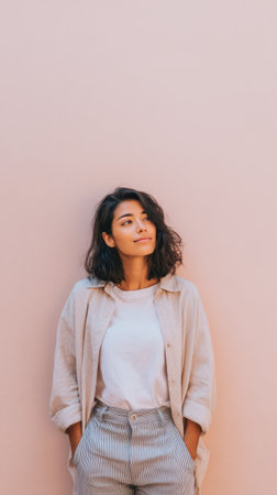 A young hispanic woman casual wear, soft focus, neutral background, relaxed, confident moodの素材