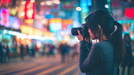 An asian female photographer holding camera, capturing vibrant city night scene with colorful ligの素材
