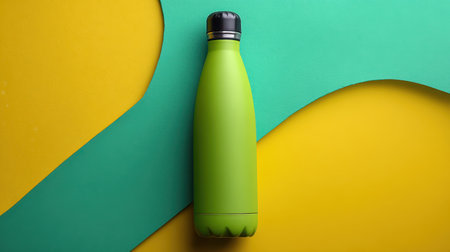A green reusable water bottle, eco friendly, stainless steel, modern, isolated colorful backgroundの素材