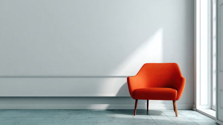 A minimalist chair, bold color, home interior, sunlight, empty wall, modern, peacefulの素材