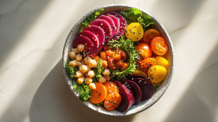A beet chickpea tomato lettuce salad bowl healthy fresh vibrant vegetable top viewの素材