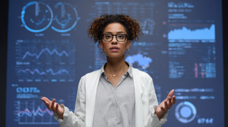 A confident female consultant presenting data analysis with graphs and charts on digital screenの素材