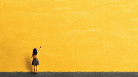 A small student raising hand, standing alone, yellow wall background, education conceptの素材
