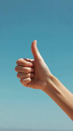 A thumbs up hand gesture against clear blue sky, positive approval, encouragement, cheerful moodの素材