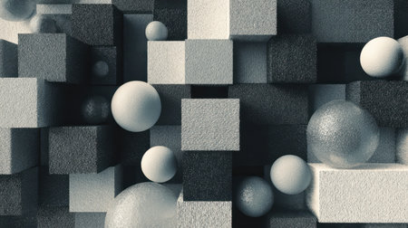 An abstract geometric pattern of cubes and spheres in monochrome, textured, modern, minimal styleの素材