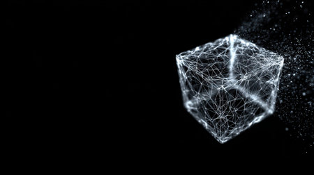 A blockchain technology abstract wireframe cube floating in dark space with glowing network linesの素材