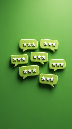 A five star rating, customer feedback, green background, speech bubble, review, satisfactionの素材