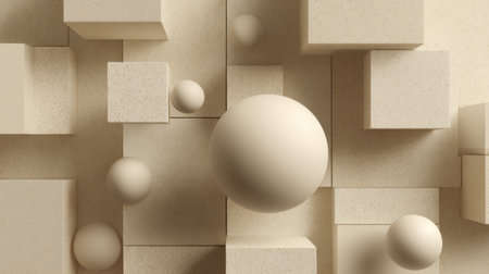 An abstract geometric pattern of cubes and spheres in monochrome beige, modern minimal designの素材