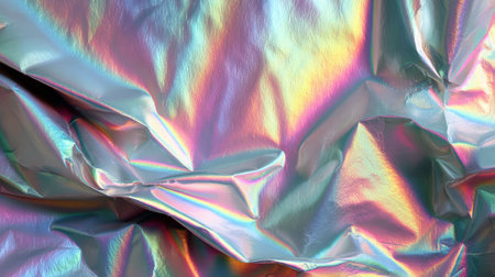 A holographic foil texture, iridescent, metallic, shiny, abstract, colorful, crumpled surfaceの素材