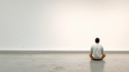 A man sitting alone on floor facing empty white wall, contemplative and calm in modern interiorの素材