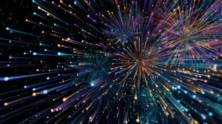 A colorful abstract fireworks burst with glowing lines and dots dark background, festiveの素材