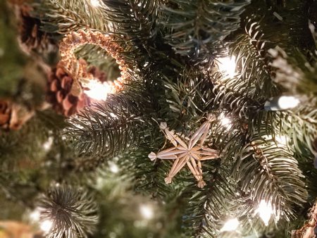 Festive close up of an old-fashioned decorated Christmas tree.