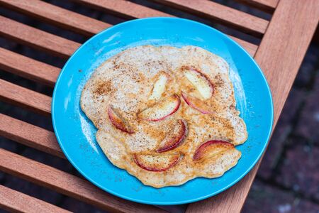 Delicious homemade pancakes on a bright plateの写真素材