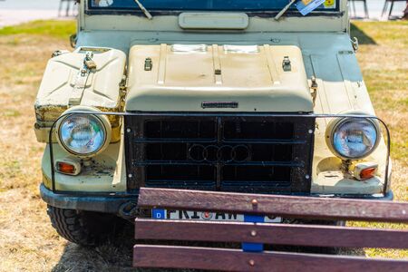 Varel, Germany, July, 28,2019: Vintage cars meet at the Vareler harbor. Various vintage vehicles -...