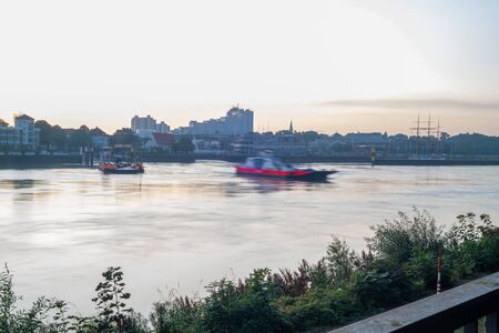 Bremen, Germany - August 9, 2017:  Ferry crossing the weser between Lemwerden and Bremen