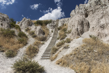 The Notch Trail showing a ladder in Badlands National Park, South Dakota, USA.の写真素材