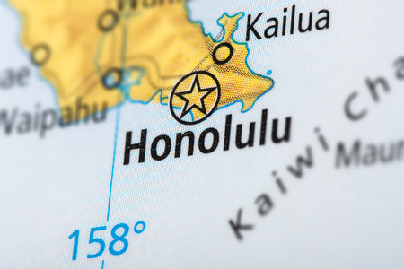 Closeup of Honolulu, Hawaii on a political map of the United States.の写真素材