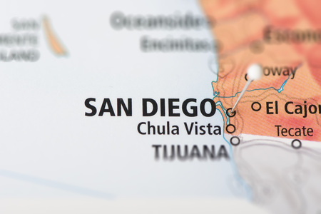 Closeup of San Diego, California on a political map of the United States.の写真素材