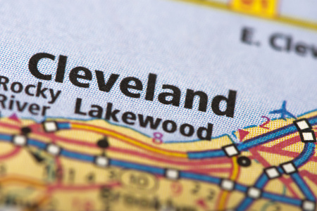 Closeup of Cleveland, Ohio on a road map of the United States.