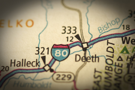 Closeup of Interstate 80 in Nevada on a road map of the United States.の写真素材