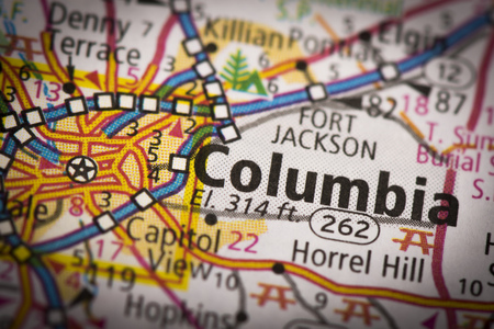 Closeup of Columbia, South Carolina on a road map of the United States.の写真素材