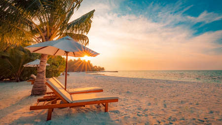 Perfect beach sunset. Summer vacation and holiday concept. Inspirational tropical beach, palm trees and white sand. Tranquil scenery, relaxing beach, tropical landscape design. Moody landscapeの写真素材