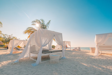 Relax on a luxury VIP beach with nice pavilion in a sunshine blue sky day. Luxurious vacation and...