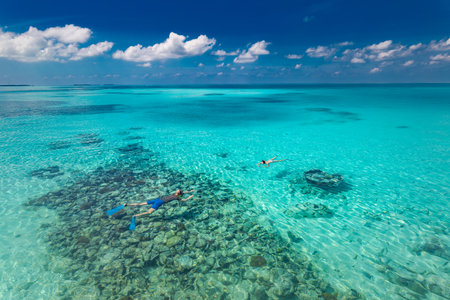 Couple snorkels through tropical, turquoise waters. Tropical beach activity and recreational water sport background. Amazing beach, sea view with horizon. Exotic outdoor sportの写真素材