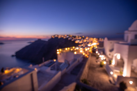 Blur city sunset with bokeh sun light wave abstract background. Copy space of outdoor summer vacation and travel adventure concept. Sunset landscape, blurred view and horizon nightの写真素材