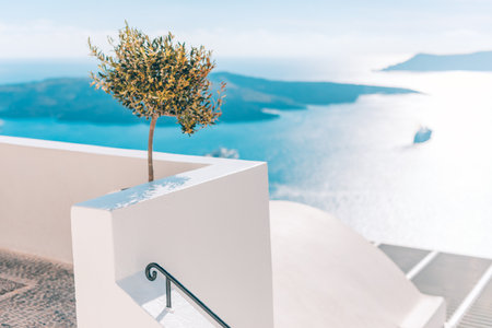 White architecture on Santorini island, Greece. Beautiful landscape with sea view. Luxury hotel entrance with white architecture on Santorini island, Greece. Beautiful landscapeの写真素材