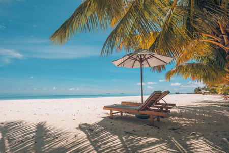 Beautiful tropical shore, couple sun beds chairs umbrella under palm tree leaves. Sea sand horizon sky. Romantic relax lifestyle inspire island beach. Summer travel exotic vacationの写真素材