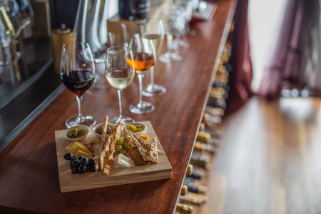Wine selection and snack set. Variety of cheese, olives, prosciutto, roasted baguette slices, grapes on elegant wooden board in luxury interiorの写真素材