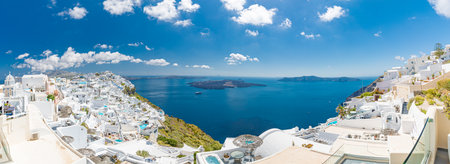 Sea view from balcony in Cyclades style with amphora. Oia, Fira, Santorini island, Greece. Beautiful white architecture, Europe travel banner, summer vacation concept beautiful seaの写真素材