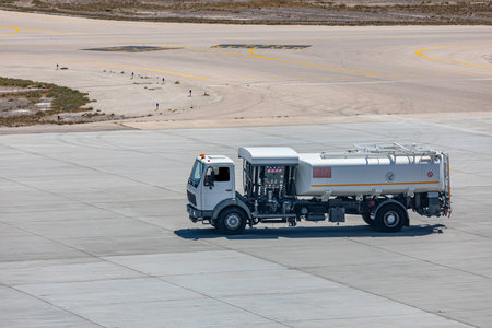 Tanker truck at Santorini Airport.のeditorial素材