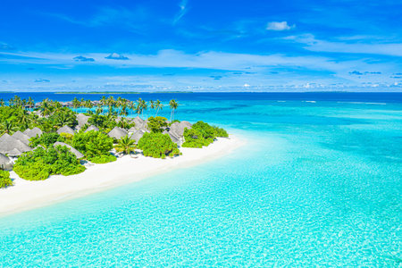 Wonderful aerial view of umbrellas, palms on the sandy beach in Maldives. Tropical island landscape, amazing sea water. Luxury summer vacation holiday. Exotic travel destinationの写真素材