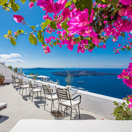 Peaceful view in Santorini, Greece with white architecture and pink flowers, cruise ships, Mediterranean summer mood, vacation travel background. Luxury destination, amazing viewの写真素材