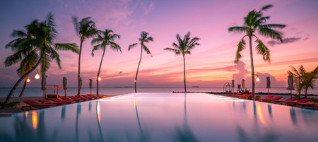 Beautiful poolside sunset sky with palm trees. Luxury tropical beach landscape, infinity swimming pool, deck chairs loungers under umbrella amazing water reflection. Vacationの写真素材