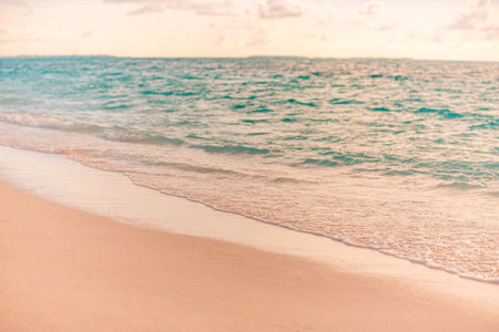 Sea sand sky concept, sunset colors clouds, horizontal background banner. Inspirational nature landscape, beautiful colors, wonderful tropical beach. Beach sunset, summer vacationの写真素材