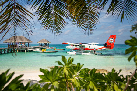 Sea plane at tropical beach resort. Luxury summer travel destination with seaplane in Maldives...